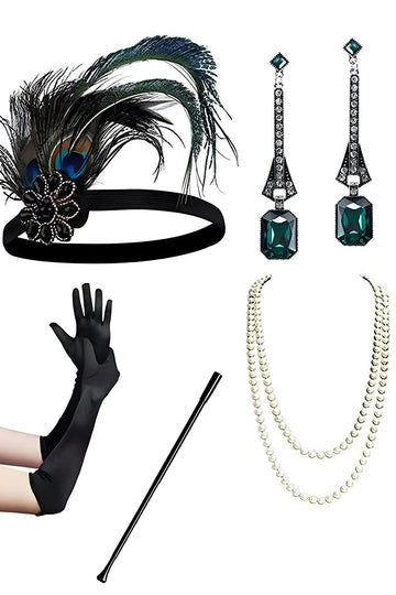 Svart Grön Paljett Fransar V-hals 1920-tal Klänning med 5-delat Tillbehörsset